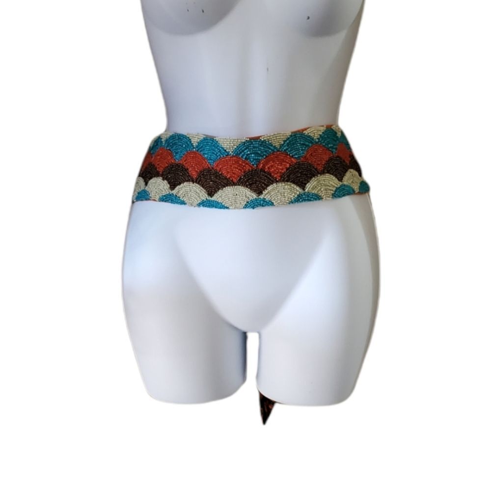 Womens Beaded Multicolored Sash Waist With Ribbon Tie Belt